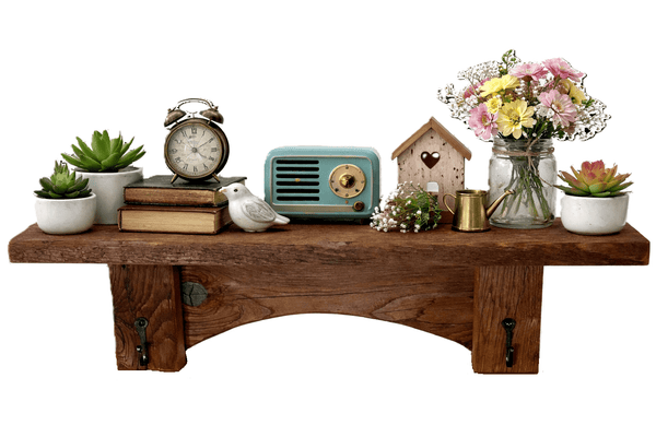 ShelfMUSHROOM WOOD WALL SHELF - Rustic Farmhouse Shelf with 2 Wrought Iron Scroll HooksSaving Shepherd