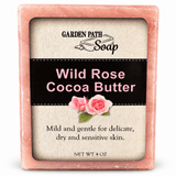 Garden Path Wild Rose Cocoa Butter bar soap, 4 oz, front label on a white background