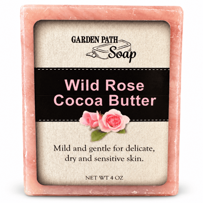 Garden Path Wild Rose Cocoa Butter bar soap, 4 oz, front label on a white background