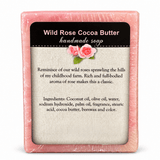Garden Path Wild Rose Cocoa Butter soap back label showing ingredients on a white background