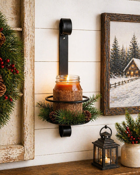 Wall SconceAMISH HAND FORGED WROUGHT IRON SCROLL SCONCE – Rustic Black Wall Jar Candle Holdersconcewall sconceSaving Shepherd