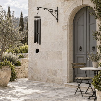 Dream Maker 64-inch Truillusion Black wind chime in a limestone courtyard