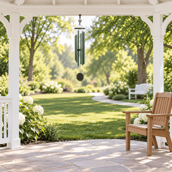 Forest Edge 44-inch Malachite wind chime, original supplier photograph composited in a white garden gazebo with a wooden chair for approximate scale.