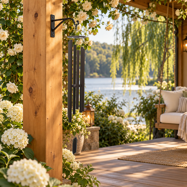 Harmonica textured copper wind chime on a lakeside cedar veranda with white flowers and a porch swing.