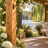 Harmonica textured copper wind chime on a lakeside cedar veranda with white flowers and a porch swing.