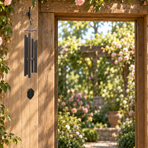 King David's Harp textured copper wind chime hanging from a timber pergola surrounded by roses.