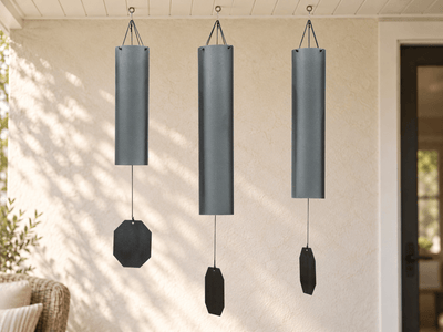 Prescott Ballad, Southern Belle and Sarasota Sun wind bells in Hammertone Slate. Comparison scene; bells sold individually.