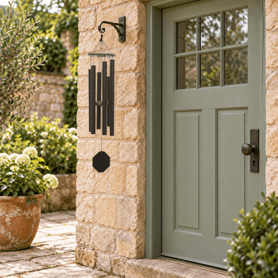 Song of Solomon textured copper wind chime in a stone courtyard beside a sage-green door.