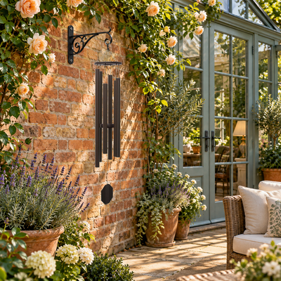 Victory Bells of Jericho textured copper wind chime beside a brick conservatory with blue-green glazing and apricot roses.
