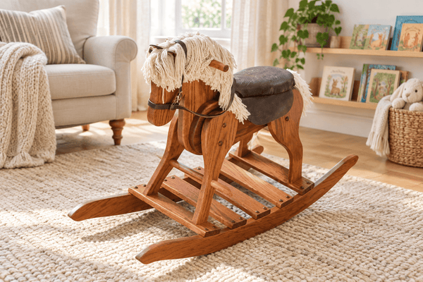 Wooden & Handcrafted ToysMedium Deluxe Wooden Rocking Horse with Leather Saddle – Amish MadeAmishchildrenSaving Shepherd