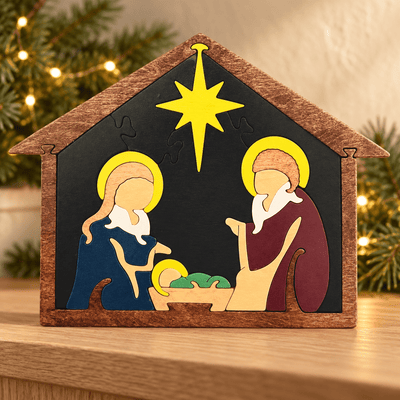 Troy Acres North Star Nativity wooden puzzle in a warm Christmas tabletop setting