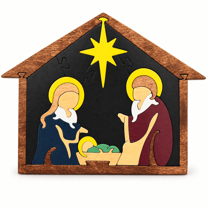 Troy Acres North Star Nativity wooden puzzle, complete product on white