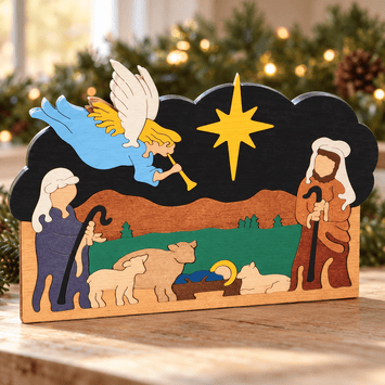 Troy Acres Shepherd Nativity wooden puzzle in a warm Christmas tabletop setting