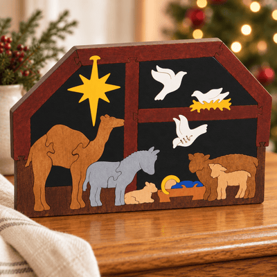 Troy Acres Stable Nativity wooden puzzle on a warm Christmas sideboard