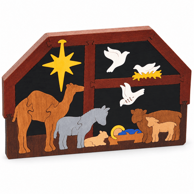 Troy Acres Stable Nativity wooden puzzle, complete product on white