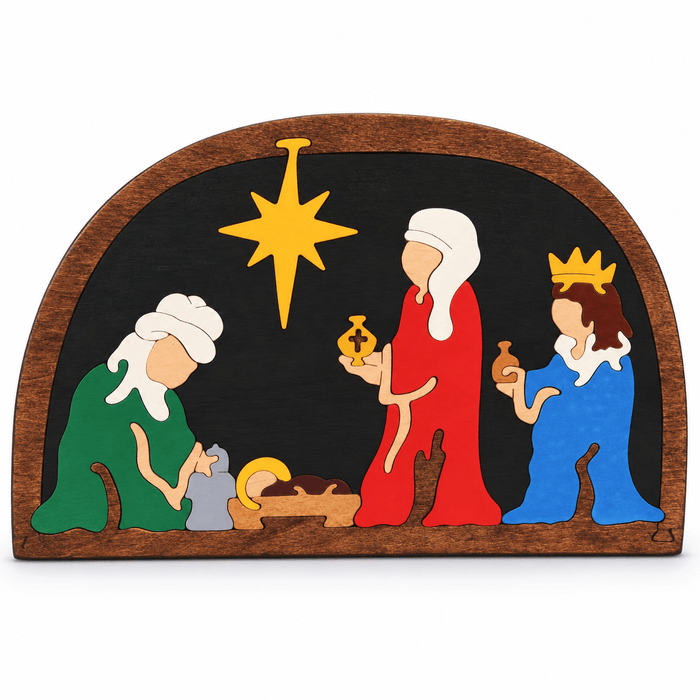 Troy Acres Wisemen Nativity wooden puzzle, complete product on white