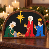 Troy Acres Wisemen Nativity wooden puzzle in a warm Christmas tabletop setting