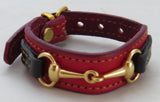 Handtooled LeatherLEATHER HORSE SNAFFLE BIT BRACELET Black & Red with Gold Equestrian Buckle HardwareAmishbarnSaving Shepherd