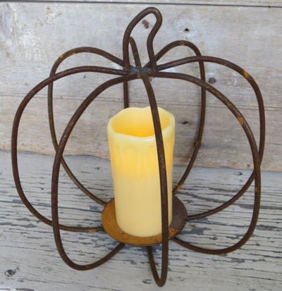 Candle Holders & AccessoriesWROUGHT IRON PUMPKIN CENTERPIECE Rusty 3-D Pillar Candle HolderSaving Shepherd