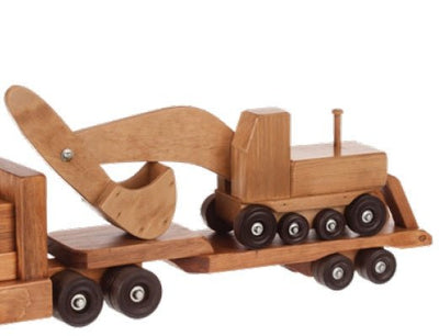 Wooden & Handcrafted ToysFLAT BED TRACTOR TRAILER with EXCAVATOR SET - Large Handmade Wood Toy USAAmishchildrenchildrensSaving Shepherd