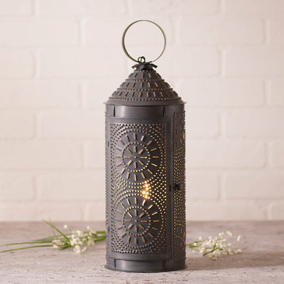 Country LightingPrimitive Colonial Chimney 18" Lantern with Chisel Design in Kettle Black Tin Finishaccent lightaccent lightingSaving Shepherd