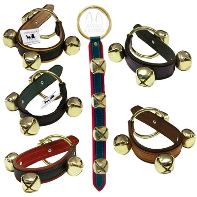 Door Chime2 LAYER LEATHER STRAP w/ 4 SLEIGH BELLS - 5 Colors - Amish Handmade USAbellbellsbrassBlack on GreenSaving Shepherd