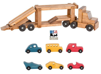 Wooden & Handcrafted ToysCAR CARRIER WOOD TOY - Handmade Tractor Trailer Truck with 6 CarsAmishcarcarsRed Yellow & BlueSaving Shepherd