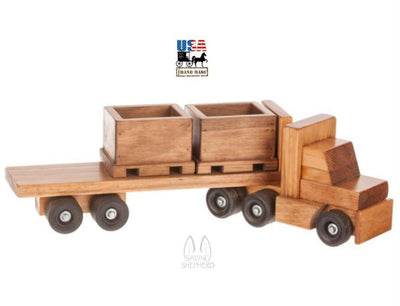 Wooden & Handcrafted ToysHANDMADE WOOD SKID TRUCK - Tractor Trailer with 3 Crates Pallets USAAmishchildrenSaving Shepherd