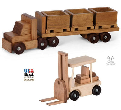 Wood ToyTRACTOR TRAILER & FORK LIFT SET - Amish Handmade Wood Toy Skid TruckAmishchildrenSaving Shepherd