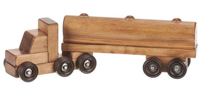 FOUR Wooden Toy TRUCK Set Log Barrel Tanker Dump Truck Wood