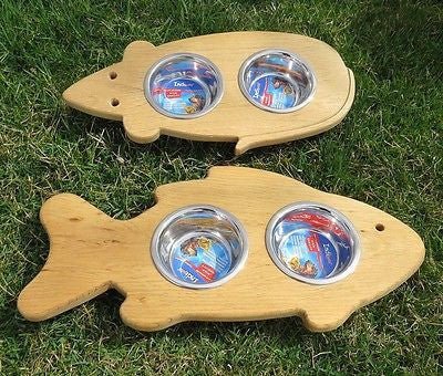 Handcrafted for PetsCAT FEEDER Handmade Elevated Wood Mouse or Fish Shaped with Steel BowlsanimalbowlSaving Shepherd