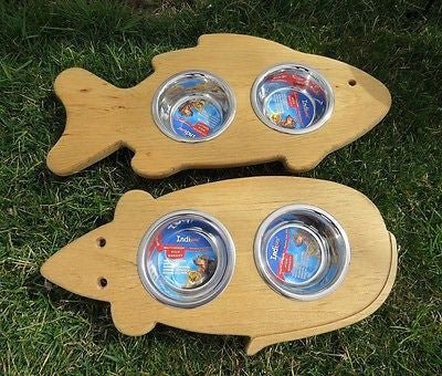 Handcrafted for PetsCAT FEEDER Handmade Elevated Wood Mouse or Fish Shaped with Steel BowlsanimalbowlboxStained WoodMouseSaving Shepherd