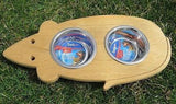 CAT FEEDER Handmade Elevated Wood Mouse or Fish Shaped with Steel Bowls