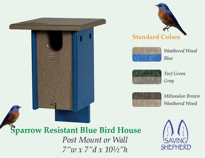 BirdhouseSparrow-Resistant BLUEBIRD HOUSE - 100% Recycled Poly Post Mount Birdhousebirdbird feederSaving Shepherd