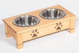 "TABLE TOP" DOG FEEDER - Finished Pine Wood with Paw Print Bowls