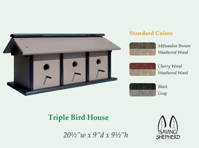 BirdhouseTRIPLE BIRD HOUSE - Handmade Weatherproof Poly 3 Condobirdbird feederSaving Shepherd
