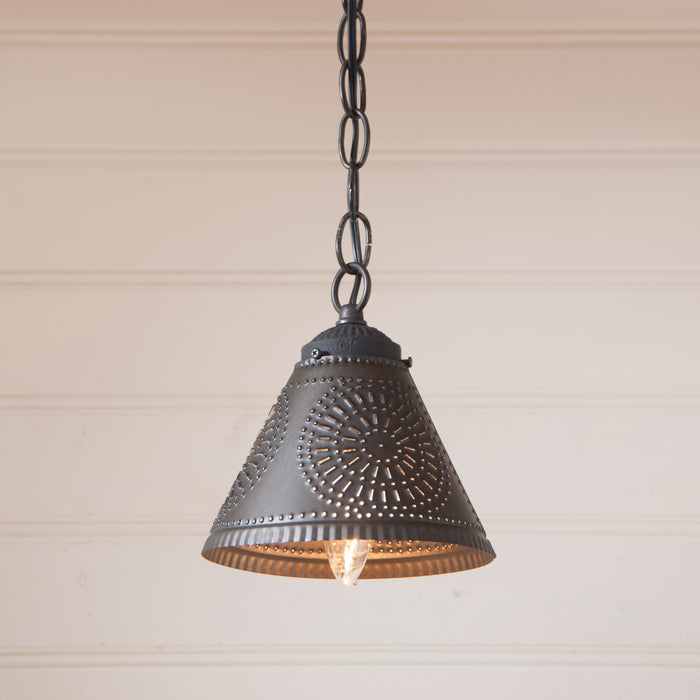PUNCHED TIN CRESTWOOD PENDANT SHADE LIGHT Handcrafted Chisel Pattern Hanging Lamp in Kettle Black
