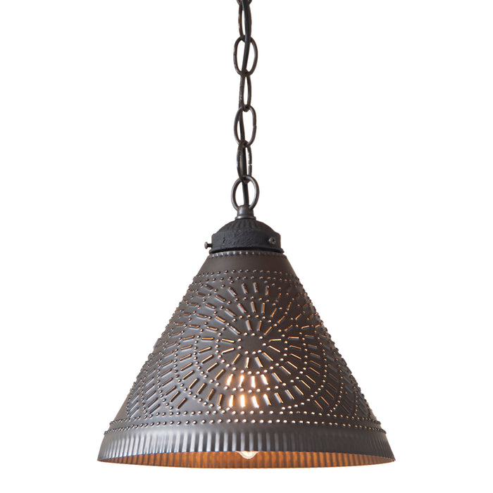 PUNCHED TIN WELLINGTON PENDANT SHADE LIGHT Handcrafted Chisel Pattern Hanging Ceiling Lamp in Kettle Black