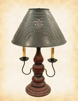 BARN RED & BLACK RUB LAMP - Wood & Wrought Iron with Punched Tin Willow Shade USA