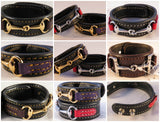 LEATHER HORSE SNAFFLE BIT BRACELET Black & Red with Gold Equestrian Buckle Hardware