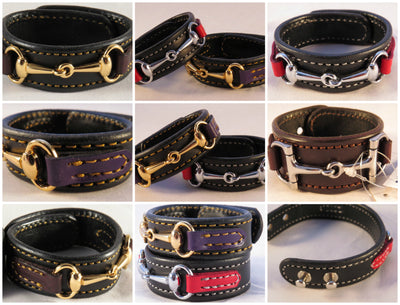 Handtooled LeatherLEATHER HORSE SNAFFLE BIT BRACELET Black & Red with Gold Equestrian Buckle HardwareAmishbarnSaving Shepherd