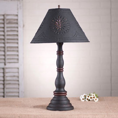 Country LightingDAVENPORT TABLE LAMP with 15" Punched Tin Shade in 10 Distressed Textured Finisheslamplightpunched tinBlack with Red StripeSaving Shepherd