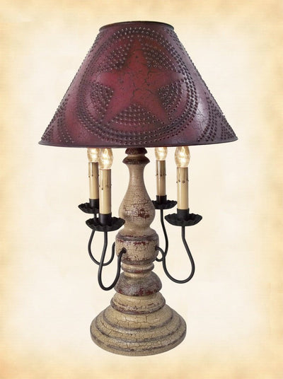 Country LightingCRACKLED BUTTERMILK & RED LAMP - Wood & Wrought Iron with Punched Tin Willow Shade USACandelabracandleSaving Shepherd