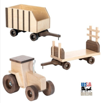tractorFARM TRACTOR with FORAGE & HAY WAGONS - Premium Solid Walnut & Maple SettoytoysSaving Shepherd