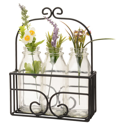 Wrought IronMILK BOTTLE DECOR BASKET - Scrolled Wrought Iron Display Stand in Satin BlackbasketblacksmihSaving Shepherd