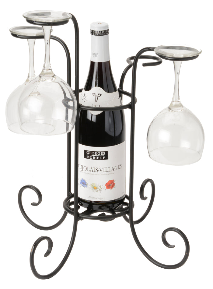WINE BOTTLE & GLASS HOLDER - Hand Forged Wrought Iron Table Centerpiece