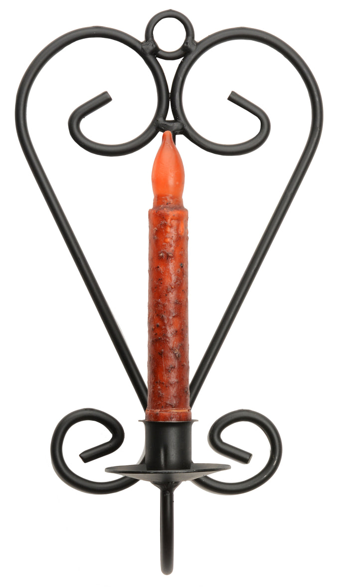 HEART CANDLE SCONCE - Scroll Wrought Iron Metal Taper Wall Holder in Satin Black