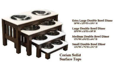 DOUBLE DISH CRAFTSMAN ELEVATED DOG FEEDER - OAK WOOD with CORIAN TOP and BOWLS