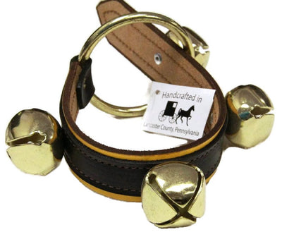 Door Chime2 LAYER LEATHER STRAP w/ 4 SLEIGH BELLS - 5 Colors - Amish Handmade USAbellbellsbrassBlack on YellowSaving Shepherd