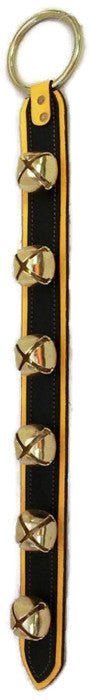 Door Chime6 SLEIGH BELLS on 2 LAYER LEATHER STRAP in 4 Colors - Amish Handmade USAbellbellsbrassBlack on YellowSaving Shepherd